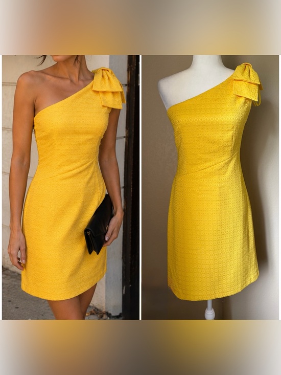 London Times Dresses & Skirts - London Times One-Shoulder Eyelet Dress in Bright Yellow with Shoulder Bow